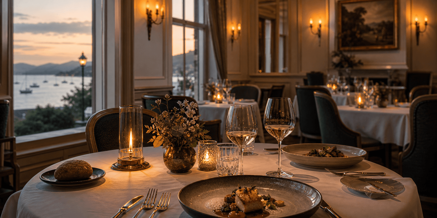 Candlelit fine dining room overlooking the harbour