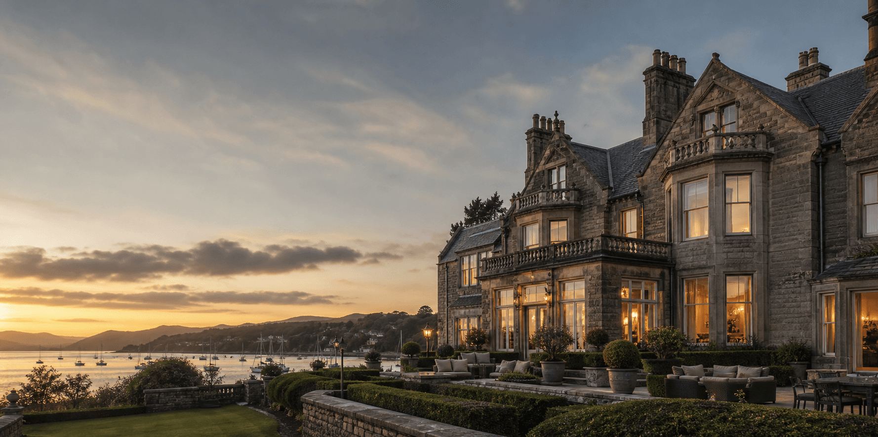 Portside Manor overlooking a Scottish harbour at golden hour